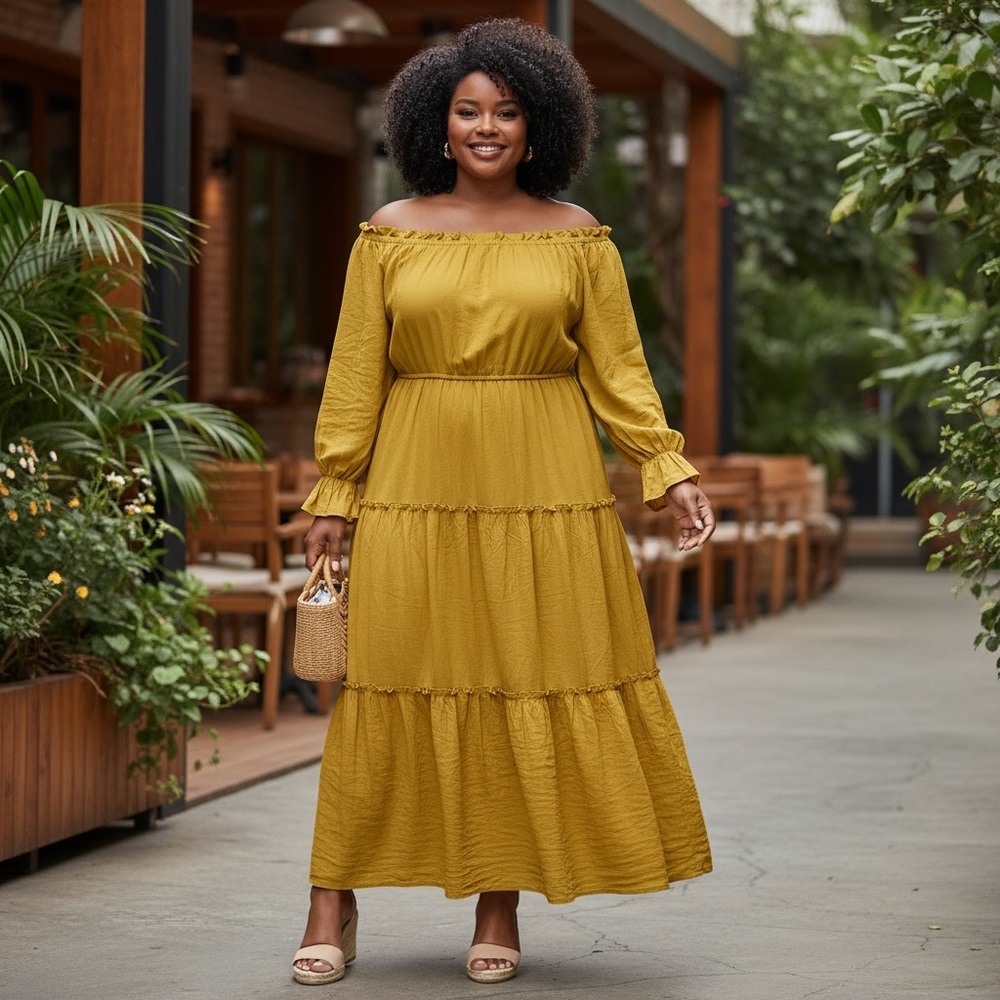 Floryday Mustard Yellow Off-Shoulder Tiered Maxi Dress – Size XL